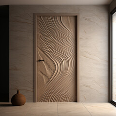 A brown door with waves on front and an empty room