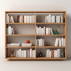 A wooden book shelf with books on it on a white background