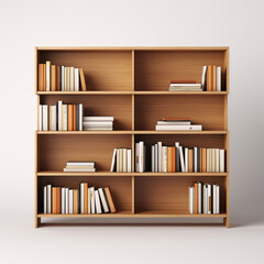 A wooden book shelf with books on it on a white background