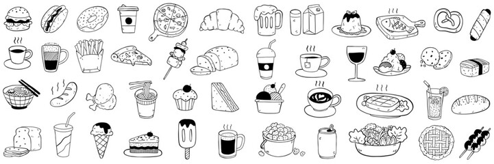 Set vector illustration doodles of food, drink, dessert, beverage. Outline, linear, thin line art, hand drawn sketch, black and white ink style. 