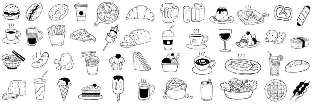 Set vector illustration doodles of food, drink, dessert, beverage. Outline, linear, thin line art, hand drawn sketch, black and white ink style. 