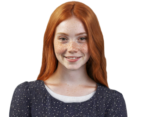 Portrait of a beautiful young girl redhead with freckles on her face isolated on a transparent white background. 