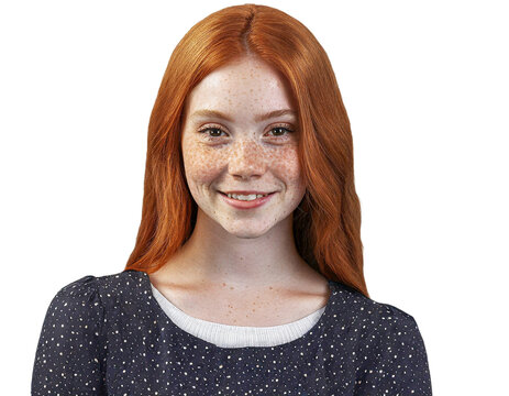 Portrait of a beautiful young girl redhead with freckles on her face isolated on a transparent white background. 