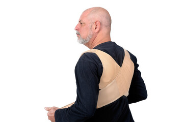 man wearing cervical spine protection brace herniated disc medicine physiotherapy lumbago senior...