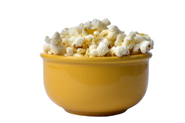 popcorn inside yellow bowl on white background