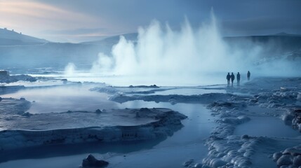 Geothermal Geyser Eruption at Dusk Misty hot springs twilight Geothermal springs at dusk, geyser eruption, mist over water, silhouette of visitors, twilight hues, steam rising, reflection on water - obrazy, fototapety, plakaty
