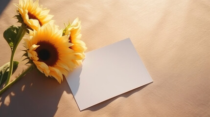 Blank card and sunflowers on beige background. Place for text