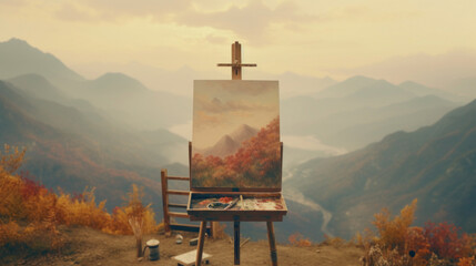Painting on the top of the mountain in autumn at sunset.