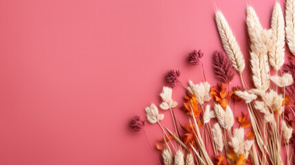 Flowers composition. Dry flowers on pink background. Flat lay, top view, copy space
