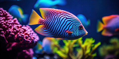 Fototapeta premium Beautiful colorful tropical fish swimming in the aquarium. Underwater world.