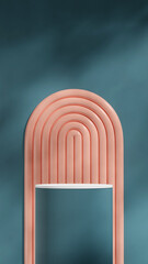 bright pink arch on wall, 3d render empty scene white and green cylinder  podium in portrait
