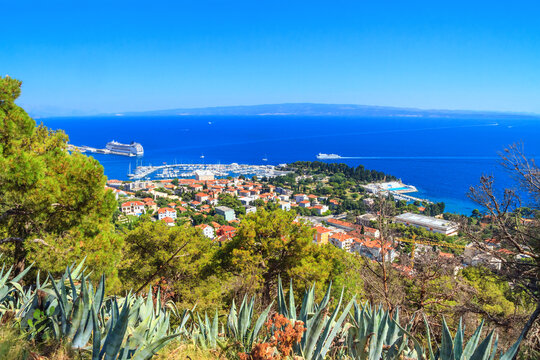 Coastal summer landscape - top view of the city port and marina of Split, the Adriatic coast of Croatia