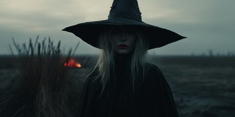 Mysterious figure in a witch's hat against a twilight backdrop, an enigmatic presence in a desolate landscape.

