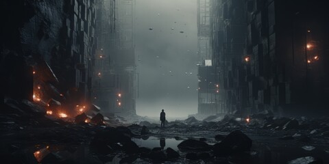 Post-apocalyptic scene with a person standing in a desolate city street, surrounded by the glow of fires, evoking a sense of survival and resilience.


