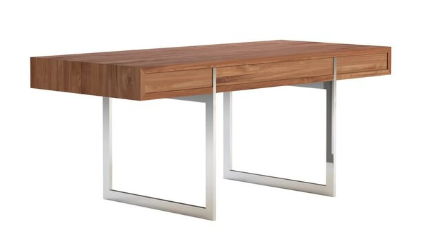 Circular animation of mid century rectangular work table with storage. Minimalistic work table with rectangular wooden tabletop and chromium legs on white background. 3d render