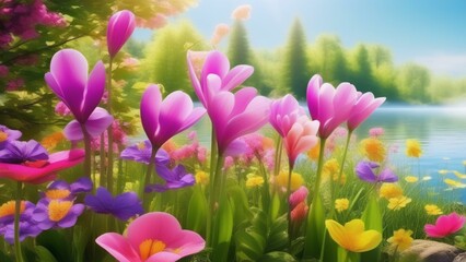 Fototapeta premium spring vibrant nature with flowers and insect photo realistic wallpaper