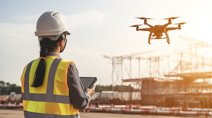Operator flying the drone for the inspection at the site. - obrazy, fototapety, plakaty
