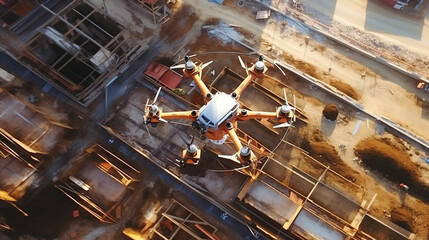 Drone over construction site. video surveillance or industrial inspection. - obrazy, fototapety, plakaty