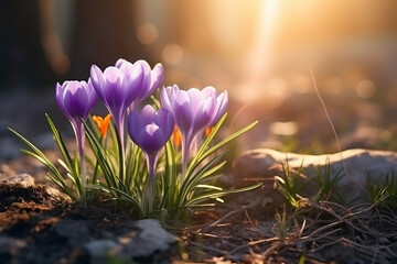 spring crocus flowers on the ground. spring, nature background