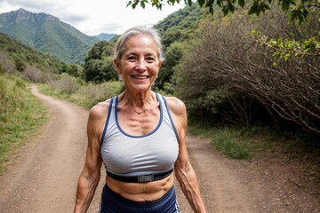 elderly adult old lady walking in a hiking trail outdoors being healthy and fit living young and feeling refreshed