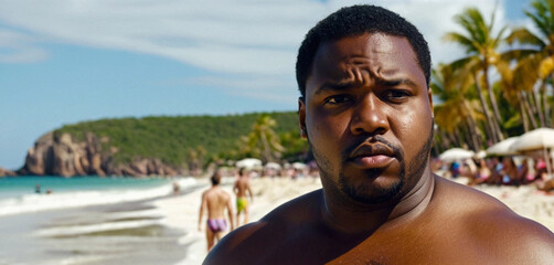 adult african american man stands on the sandy tropical beach, other tourists behind, unhappy summer vacations, black people, dark skin tone, short beard