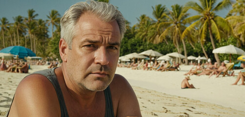 a mature adult or older man with gray hair, caucasian, sad distressed facial expression, on tropical sandy beach, emigrated on vacation and unhappy, fictional location