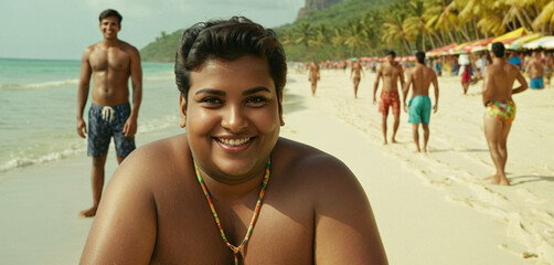 happy smiling adult indian or arab transgender diverse man or woman with make-up ,slightly overweight, wears bikini, tropical sandy beach with mass tourism, fictional location - obrazy, fototapety, plakaty