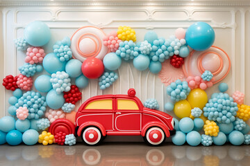 blue and red frame of ballons for decoration for kids birthday or other event.  theme cars. close up background