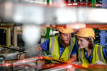 technician engineers team checking the machine and maintenance service. workers looking at spare parts in stock at warehouse factory. laborer with a checklist and laser scanning device on steel part.