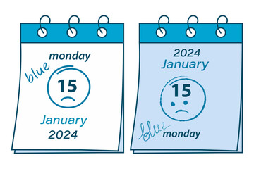 Blue Monday calendar sheets with date 2024, January 15, handwritten inscription and stroke around