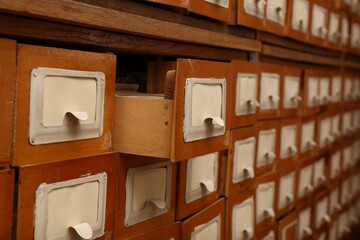 Closeup view of library card catalog drawers