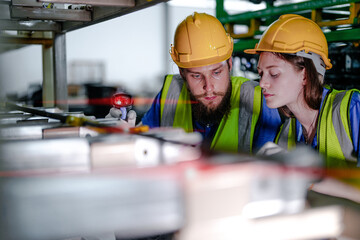 technician engineers team checking the machine and maintenance service. workers looking at spare...