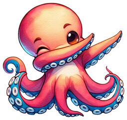 An adorable watercolor dabbing octopus clipart - perfectly isolated, with soft natural watercolor texture. Cool party vibe.