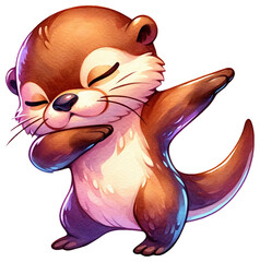 An adorable watercolor dabbing otter clipart - perfectly isolated, with soft natural watercolor texture. Cool party vibe.