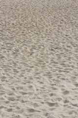 Close image of sand with several footprints marked