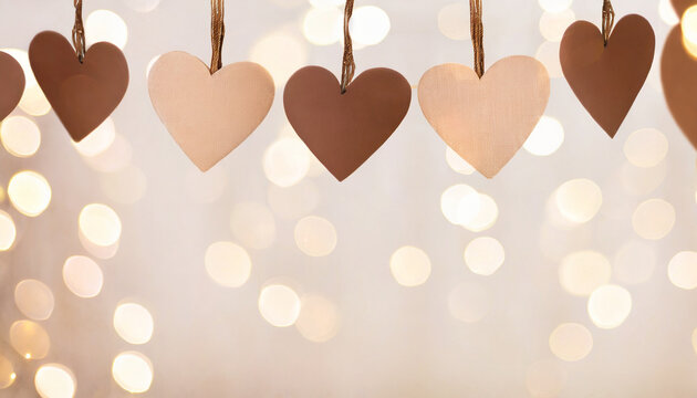 Beige-brown hearts on string with bokeh lights, ideal for Valentine's, weddings, birthdays - a warm, romantic backdrop