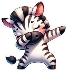 An adorable watercolor dabbing zebra clipart - perfectly isolated, with soft natural watercolor texture. Cool party vibe.