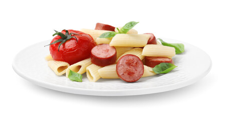 Tasty pasta with smoked sausage, tomato and basil isolated on white