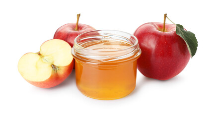 Delicious apples and jar of honey isolated on white