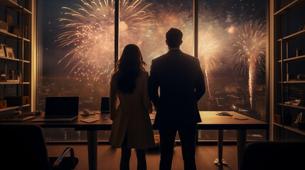 A man and woman stand in an office watching fireworks being fired at a celebration.