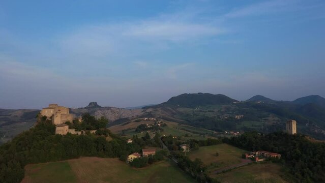 Aerial view of the area around the village of Rossena, featuring Rossena Castle and Rossenella Tower on the estate of Matilde di Canossa, Rossena, Reggio Emilia, Emilia-Romagna, Italy