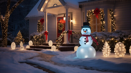 snowman sits on a porch, wearing a hat and scarf, next to a decorated Christmas tree.