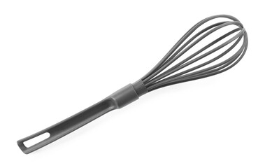 Plastic whisk isolated on white, top view. Kitchen utensil