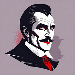Count Dracula on grey background in black white and red