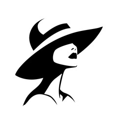 Portret pięknej kobiety w eleganckim kapeluszu z szerokim rondem. Młoda dziewczyna narysowana w minimalistycznym stylu. Ilustracja wektorowa High Fashion. - obrazy, fototapety, plakaty