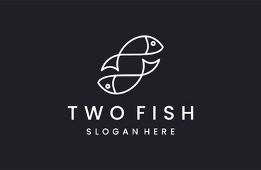 Two Fish logo seafood restaurant menu round icon, fishing emblem minimalist style - obrazy, fototapety, plakaty