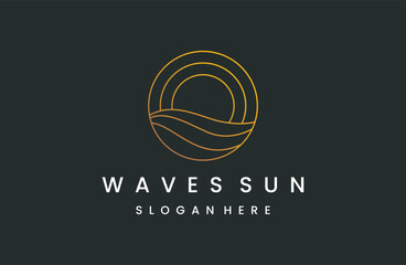 Ocean water wave and sun in a circle with a gold line art style .