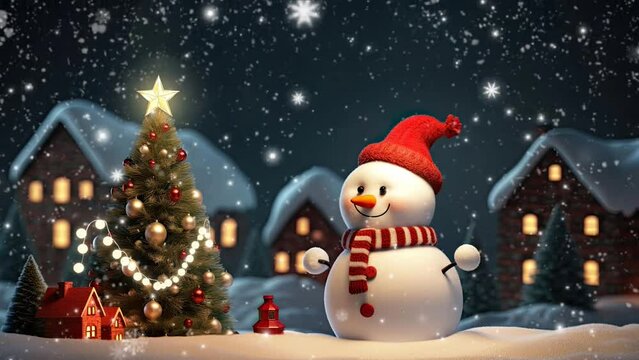 Christmas concept decoration with a snowman surrounded by snowfall. Cartoon style. seamless looping time lapse video 4k animation background.