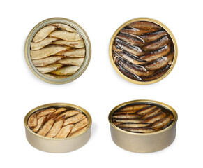 Tasty sprats in tin cans isolated on white, set with top and side views