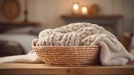 Obraz premium Thick knitted blankets are kept in the room with a basket.